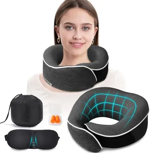 Produktbild: Kissen Flugzeug Reisekissen, Verbessertes Nackenkissen Flugzeug Aus 100% Memory Foam, Flugzeug Kissen, Weiches Reisekissen Flugzeug, Set Mit 3D-Konturierten Augenmasken (Dunkelgrau)