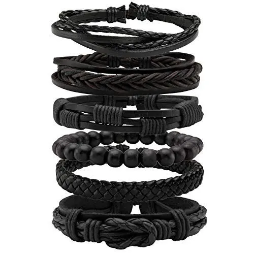 Produktbild: MILAKOO 6 Stk. Schwarz Geflochtene PU Lederarmbänder für Männer Frauen Manschette Wickel Armbänder
