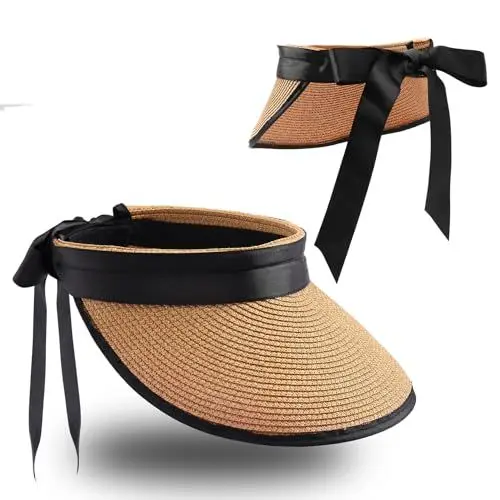Produktbild: MILAKOO Sun Visor Hut Damen Einstellbar Breite Krempe Cap UV-Schutz Faltbar Stroh Strand Pferdeschwanz Hut mit Band