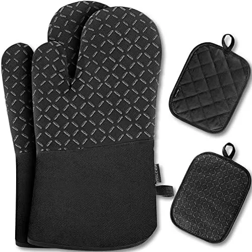 Produktbild: MILcea Ofenhandschuhe Topflappen Topfhandschuhe 4er Set - Ofenhandschuhe Hitzebestaendig bis 300°C, Rutschschutz, Verlängern, Weich, Backhandschuhe Kochhandschuhe Oven Gloves, Schwarz