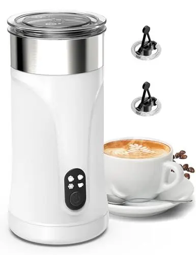 Produktbild: Milchaufschäumer Elektrisch 4-in-1, Milchschäumer Elektrisch für Heißer und Kalter, Warme Milch, Automatische Abschaltung Milchbehälter, Antihaft-Innenausstattung für Latte, mit 2 Schneebesen, Weiß