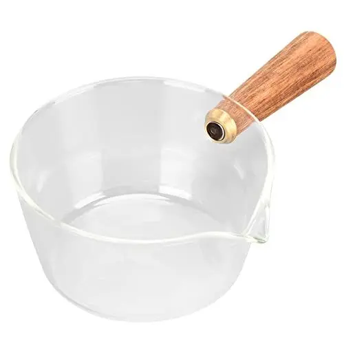Produktbild: Milchtopf aus Glas mit Holzgriff, Kleiner Topf mit V-förmigem Ausguss, Exquisite Verarbeitung, Milchkochtopf, Multifunktions-Kochgerät für Heiße Milch, Salate, Nudeln(Klein)
