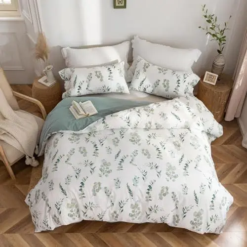 Produktbild: MILDLY Bettwäsche 135x200 Baumwolle, Bettwäsche-Sets mit Pflanzenmuster, Reißverschluss, ÖkoTex Zertifiziert, Enthält 1 Bettbezug 135x200 und 1 Kissenbezug 80x80, Grün（Katharina）