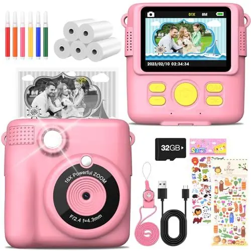 Produktbild: MILFECH Kinderkamera Sofortbildkamera, 1080P 2,4 Zoll Bildschirm DigitalKamera Kinder mit 5 Rollen Druckpapier,32GB Karte, Fotokamera mit 6 Farbigen Stiften,2 Aufkleber Geschenk für Kinder (Rosa)