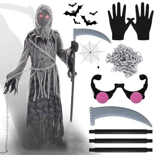 Produktbild: MILIAFLICK Sensenmann Kostüm Kinder Halloween Kostüm Kinder Jungen 7 Stück Halloween Kostüm Herren Kostüm Sensenmann Kinder Halloween Kinder Kostüm Halloween Kostüm Junge 8-10 Jahre