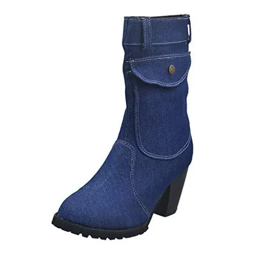Produktbild: Winter Schuhe Lange Boots Hohe Stiefel Schuhe Damenstiefel im europäischen und amerikanischen Stil mit hohem Absatz und Mid--Denim Damen Winter Hohe Stiefel Lässige Winterstiefel (Dark Blue, 40)