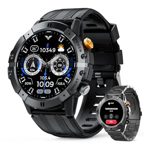 Produktbild: Militär Smartwatch Herren 1ATM Wasserdicht mit Telefonfunktion Anrufe Schrittzähler Blutdruckmessung 1,52 Zoll rundes HD Display Outdoor Uhren Fitness Tracker Fitness Uhr Sportuhr für Android IOS