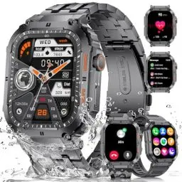 Produktbild: Militär Smartwatch Herren mit Telefonfunktion(3 Bänder),1.96'' Großes Display 400mAh Smart Watch Fitnessuhr,100+ Sportmodi,IP68 Wasserdicht Sportuhr Herren mit Schrittzähler Pulsmesser Schlafmonitor