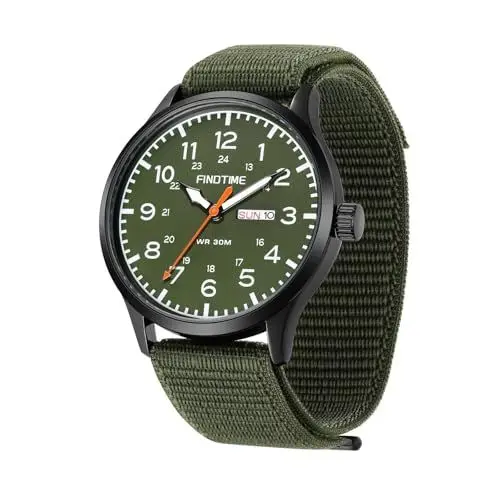 Produktbild: Militär Uhr Herren Nylon Armbanduhr Herrenuhr Outdoor Tactical Watch Military Taktisch 3 ATM Wasserdicht Armee Uhren Quarz Sport Jungen Quarzuhr Analog Zifferblatt Kalender Datum Schwarz Grün