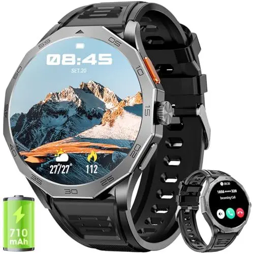 Produktbild: Militäruhr für Herren, 1,85 Zoll HD 710 mAh, IP68, wasserdicht, Smartwatch für Herren, mit Bluetooth-Anrufen, Smart Watch mit Schlaf/Herzfrequenzmesser, Smartwatch kompatibel mit iOS Android, Schwarz
