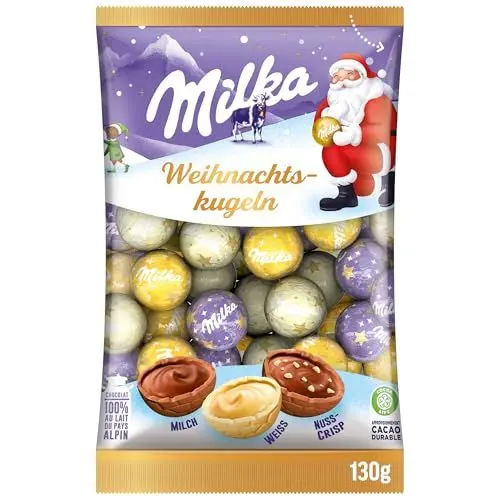 Produktbild: Milka Weihnachts-Kugeln Mix 1 x 350g I Weihnachtsschokolade Einzelpackung I Adventskalender Schokolade I Süßigkeiten zu Weihnachten aus 100% Alpenmilch Schokolade