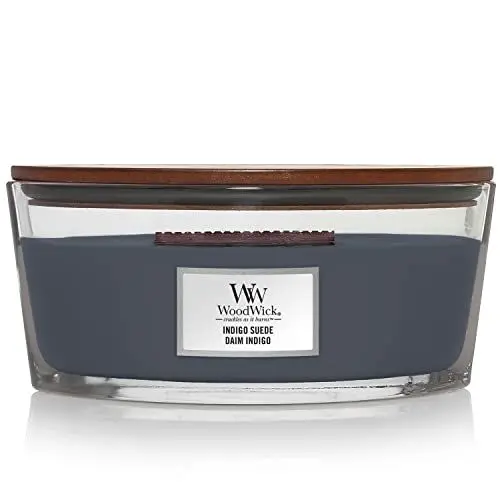 Produktbild: Millefiori WoodWick Ellipsenförmige Duftkerze mit knisterndem Docht | Indigo Suede | bis zu 50 Stunden Brenndauer