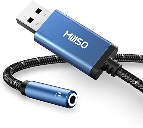 Produktbild: MillSO USB Klinke Adapter 3.5mm Klinke auf USB Audio Konverter Externe Soundkarte mit Nylongeflechtmantel Headset Adapter TRRS Stereo für Kopfhörer, Lautsprecher, PS4, PS5, Laptop, PC - 30cm