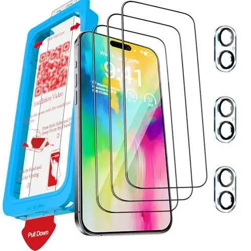 Produktbild: Milomdoi 3 Stück Schutzfolie für iPhone 16 Plus für Panzerglas Zubehör Panzerfolie Displayschutz mit 3 Stück Kameraschutz,Voller Bildschirm Glas