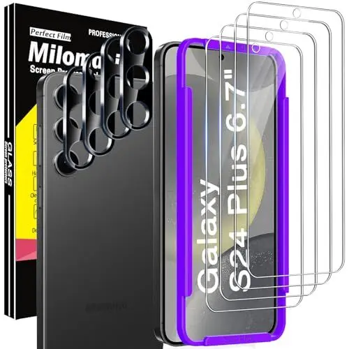 Produktbild: Milomdoi 4 Stück Schutzfolie für Samsung Galaxy S24 Plus 5G für Panzerglas Panzer Schutz Glas Zubehör Panzerfolie Displayschutz 4 Stück Kameraschutz Camera Screen Protector Handyhülle Freundlich