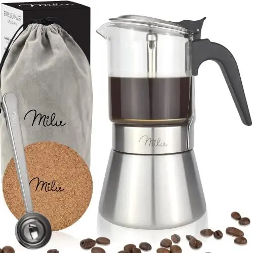 Produktbild: Milu Espressokocher Induktion geeignet | 4, 6 Tassen | Edelstahl Glas Mokkakanne, Espressokanne, Espresso Maker Set inkl. Untersetzer, Löffel, Bürste (4 Tassen 200ml)