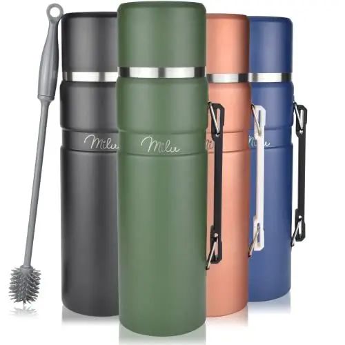 Produktbild: Milu Thermoskanne 1L - Thermosflasche mit Griff - Isolierflasche - Isolierte Edelstahl Trinkflasche, 100% Auslaufsicher, Doppelwandisolierung (Olivgrün, 1000ml)