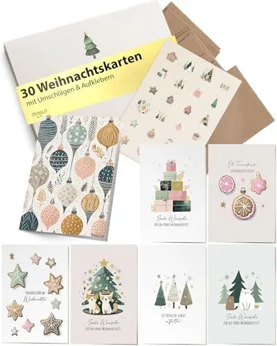 Produktbild: Milula Studios 30 Weihnachtskarten Mit Umschlag - Adventskarten A6 - Karten Weihnachten Set - Christmas Cards - Weihnachtskarte Set Postkarten - Weihnachten Karten Set Für Weihnachten - Set