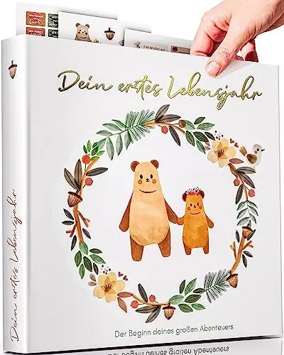 Produktbild: Milula Studios Mein Erstes Jahr Babyalbum - Hardcover Babybuch Erinnerungsbuch zum Ausfüllen - Fotoalbum Baby Selbstgestalten - Babyparty Junge & Mädchen - Sinnvolle Geschenke zur Geburt