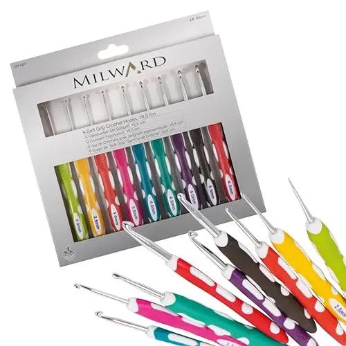 Produktbild: Milward Häkelnadel-Set – Ergonomische Griffe mit Softgriff, farblich gekennzeichnet, 2, 2,5, 3,5, 4, 4,5, 5,5 und 6 mm, sortiert
