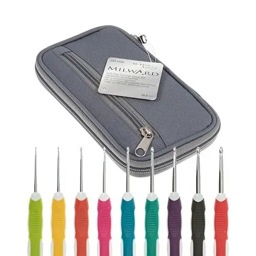 Produktbild: Milward Häkelnadel-Set, weiche Griffe, farbkodierte Griffe, 2, 2,5, 3,5, 4, 4,5, 5,5 und 6 mm, 100% Baumwolle, Hartschale, mit Reißverschluss, Grau, sortiert