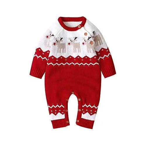 Produktbild: mimixiong Baby Weihnachts spielanzug Gestrickte Rentieroverall Outfits (Rot, 0-6 Monate/70)