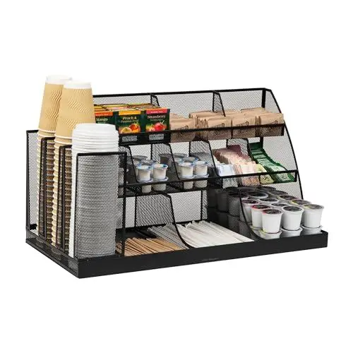 Produktbild: Mind Reader Network Collection, 14-Compartment Coffee Cup and Condiment Countertop Organizer, Metal Mesh, 23.75