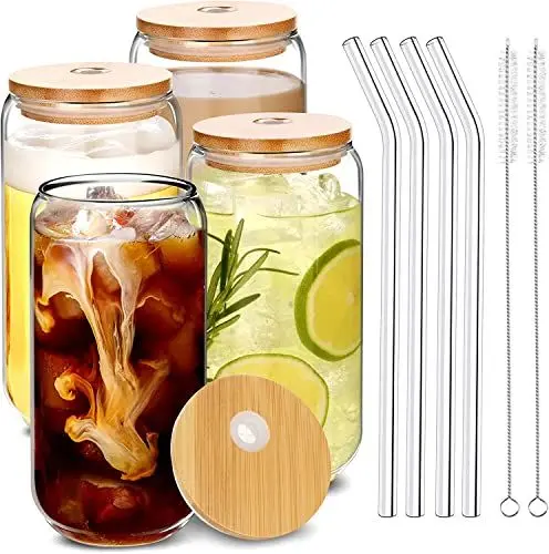 Produktbild: (4er Set) Cocktail Gläser mit Bambusdeckel und Glasstrohhalm Bubble Tea Becher Glas 500ML Iced Kaffeegläser für Iced Coffee, Bier, Cocktail, Cola, Wiederverwendbare Glasbecher Set