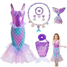 Produktbild: Mineup Meerjungfrau Kostüm Mädchen Kinder, 8-Teiliges Meerjungfrau Prinzessin Kleid Kinder, Arielle Prinzessin Kostüm mit Zubehör, Kostüm für Karneval, Party Halloween Weihnachten Cosplay Outfit