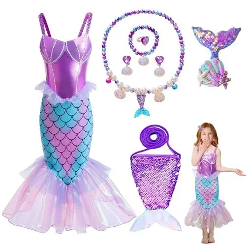 Produktbild: Mineup Meerjungfrau Kostüm Mädchen Kinder, 8-Teiliges Meerjungfrau Prinzessin Kleid Kinder, Arielle Prinzessin Kostüm mit Zubehör, Kostüm für Karneval, Party Halloween Weihnachten Cosplay Outfit