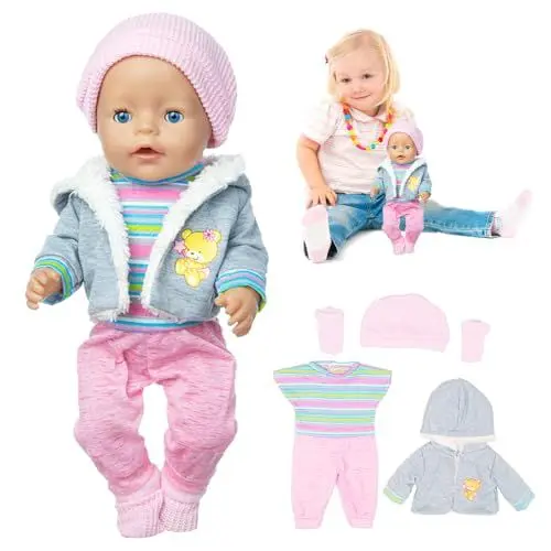 Produktbild: Mineup Puppenkleidung für Baby Puppen, 5 PCS Baby Kleidung 43-48 cm, Puppe zubehör Outfits, Puppenkleider Set mit Mantel Bluse Hosen Hut und Socken,Geschenk für Kinder Mädchen Jungen(Keine Puppe)