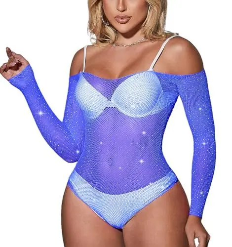 Produktbild: Mingnos Damen Lange Ärmel Fischnetz Body Off Shoulder Sparkle Strass Einteilig Körper Anzüge Netz Teddy Dessous Bodysuit Blau