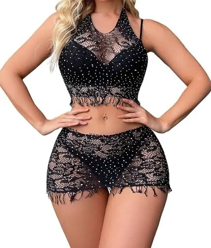 Produktbild: Mingnos Quasten Fischnetz Dessous für Damen Sexy Netz Dessous Funkelnder Strass Spitze Nachtwäsche Schwarz One Size