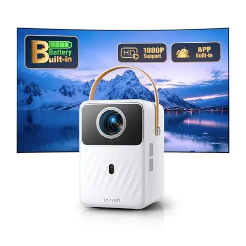 Produktbild: Mini Beamer<strong>Eingebauter Akku & Andriod TV:</strong>  Toptro 1080P Full HD Beamer Heimkino mit Elektrischer Fokus, 300 ANSI WiFi Bluetooth Beamer Outdoor, 50% Zoom Klein Projektor mit Netflix/Prime Video/Dis+