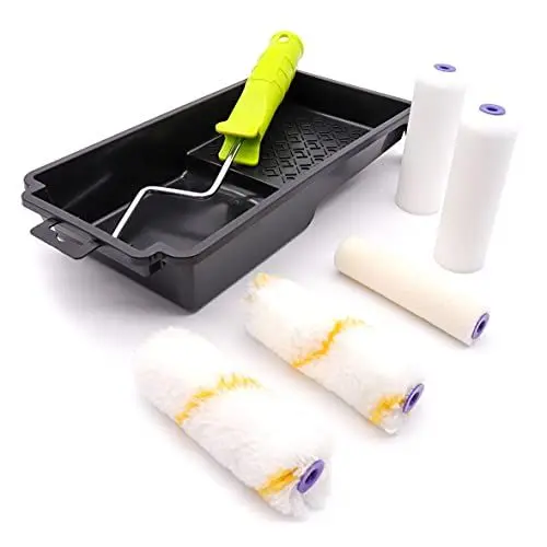 Produktbild: Mini Farbroller Set, 100 mm, enthält 5 x Bezüge für Farbroller, 1 x Abstreifgitter, 1 Halter, für alle Wandfarben für innen geeignet