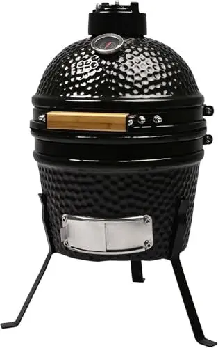 Produktbild: Mini Kamado Grill Ø 26,5 cm Holzkohle Keramikgrill Smooker BBQ Geringe Rauchentwicklung Schwarz Integriertes Thermometer Dreibeingestell für einen sicheren Stand