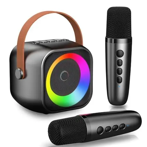 Produktbild: Kinder Karaoke Maschine mit 2 Mikrofonen HiFi Bluetooth Karaoke Mikrofon Spielzeug Geschenk für Jungen Mädchen 3-12 Jahren, tragbares Mini Karaoke Mikrofon mit magischem Stimmwechsler LED-Lichtern