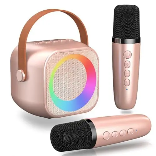 Produktbild: Kinder Karaoke Maschine mit 2 Mikrofonen HiFi Bluetooth Karaoke Mikrofon Spielzeug Geschenk für Jungen Mädchen 3-12 Jahren, tragbares Mini Karaoke Mikrofon mit magischem Stimmwechsler, LED-Lichtern