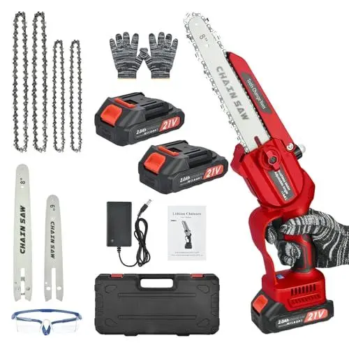 Produktbild: Mini Kettensäge mit Akku 2x2000mAh - 6&8 Zoll 2-in-1 Elektro Akku kettensägen mit Automatischer Öler - Einhand Motorsäge Elektro Handkettensäge für Gartenscheren Astschere Holzschneiden
