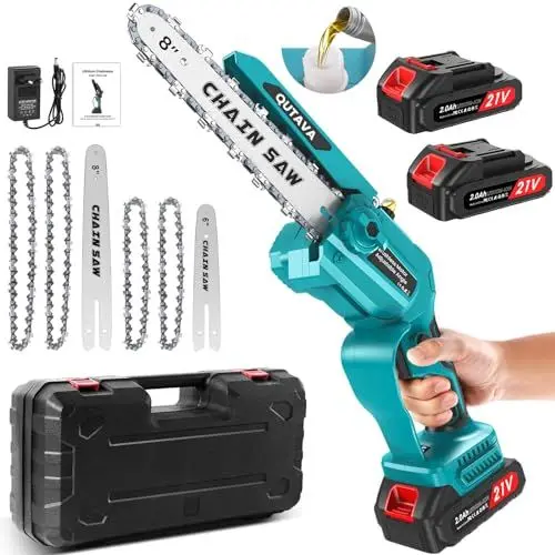 Produktbild: Mini Kettensäge mit Akku 4000mAh, 6 Zoll+8 Zoll,bürstenloser Motor Elektro-Kettensäge mit Öltank und 2 * 2000mAh Batterien Kompakte und leistungsstarke, bürstenloser Motor Elektro Kettensäge