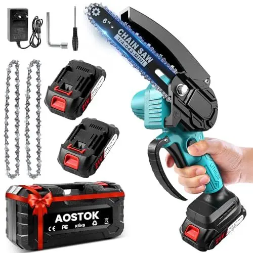 Produktbild: Mini Kettensäge mit Akku 4000mAh, 6 Zoll Mini Kettensäge Elektro und 2 Akku 2000mAh,21V 800 W Bürstenloser Motor, Handkettensäge Akku für Gartenscheren Astschere Holzschneidenz
