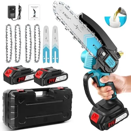 Produktbild: Mini Kettensäge mit Akku 4000mAh, 6 Zoll Mit Ölkanne Mini Kettensäge Elektro und 2 Akku 2000mAh,21V 800W leistungsstarker Motor, Handkettensäge Akku für Gartenscheren Astschere Holzschneidenz