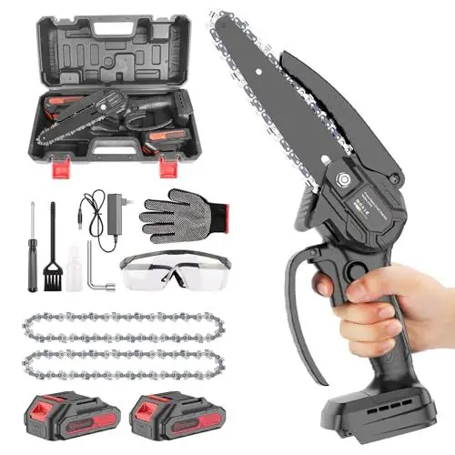 Produktbild: Bogseth Mini Kettensäge mit Akku 6 Zoll Elektrische Einhand mit 2 Akku und Ladegerät, Handkettensäge für Gartenscheren Astschere Holzschneidenz und Gartenarbeiten
