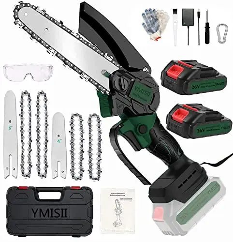 Produktbild: Mini Kettensäge mit Akku, 6 Zoll und 4 Zoll, 2-in-1 kettensäge Kit mit bürstenlosem Motor und Superleistung, elektrische säge zum Schneiden von Ästen, Gartenbäumen, (2 Batterien, 2 Ketten)