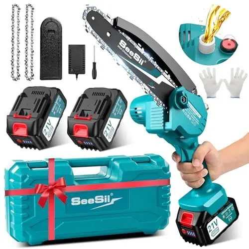 Produktbild: Mini Kettensäge mit Akku 8000mAh, Seesii 6 Zoll Mini Kettensäge Elektro mit Automatischer Öler und 2 Akku 4000mAh, Handkettensäge Akku für Gartenscheren Astschere Holzschneidenz