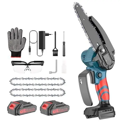 Produktbild: Mini Kettensäge mit Akku Bürstenlosen 6 Zoll, Akku Kettensäge Einhand Brushless Motorsäge Elektrische Handkettensäge, 2 x 2000 mAh Akku