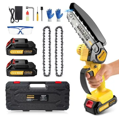 Produktbild: Mini Kettensäge mit Akku, JINDUN 6 Zoll Akku Kettensäge Mit LED Leistungsanzeige, Zwei Stück Hohes Volumen 2000mAh Akku & 40 Minuten Schnell Ladegerät für Gartenscheren Astschere Holzschneiden