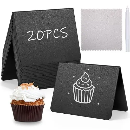 Produktbild: Mini Kreidetafel Set, 20 Stück Kreidetafel Kleine Tafeln zum Beschriften, Schwarz Preisschilder Aufsteller In V-Form, Kunststoff Buffet Schilder mit Stifte für Bäckerei, Party, Hochzeit