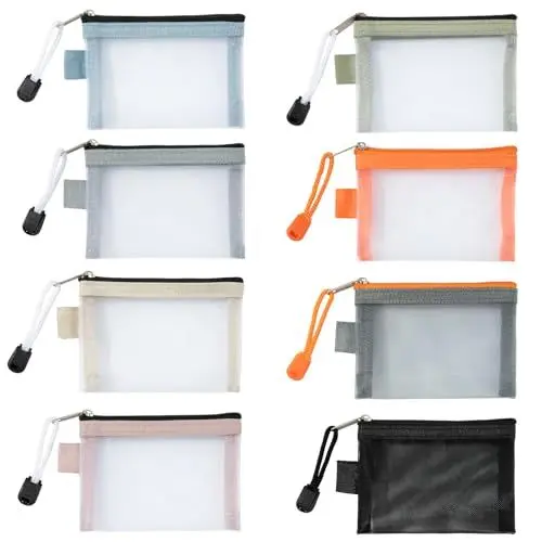 Produktbild: Mini Kulturbeutel mit Reißverschluss, Kleine Netz Geldbörse Kosmetikkoffer Aufbewahrung Tasche, Tragbare Reise Organizer for Lippenstift, Datenkabel, Kopfhörer Reise Zubehör (8 Stück)