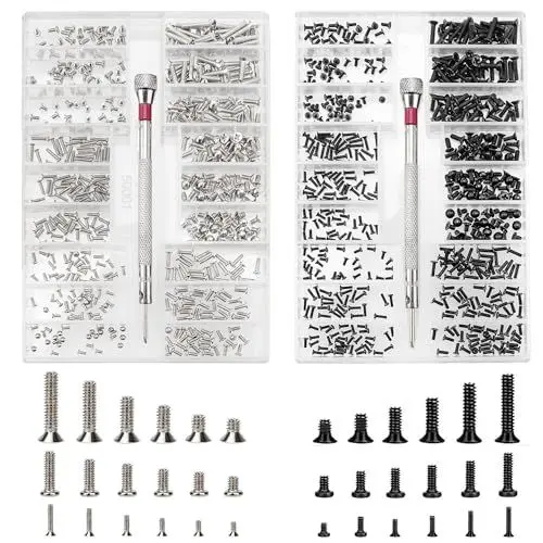 Produktbild: Mini Schrauben Set, 1000 Stk Kleine Schrauben M1.2 M1.4 M2, Brillenschrauben Set mit Schraubendreher, Senkkopf-Flachkopf-Rundkopf Schrauben Sortiment Set, für Uhren Brillen Laptop (Schwarz+ Silber)